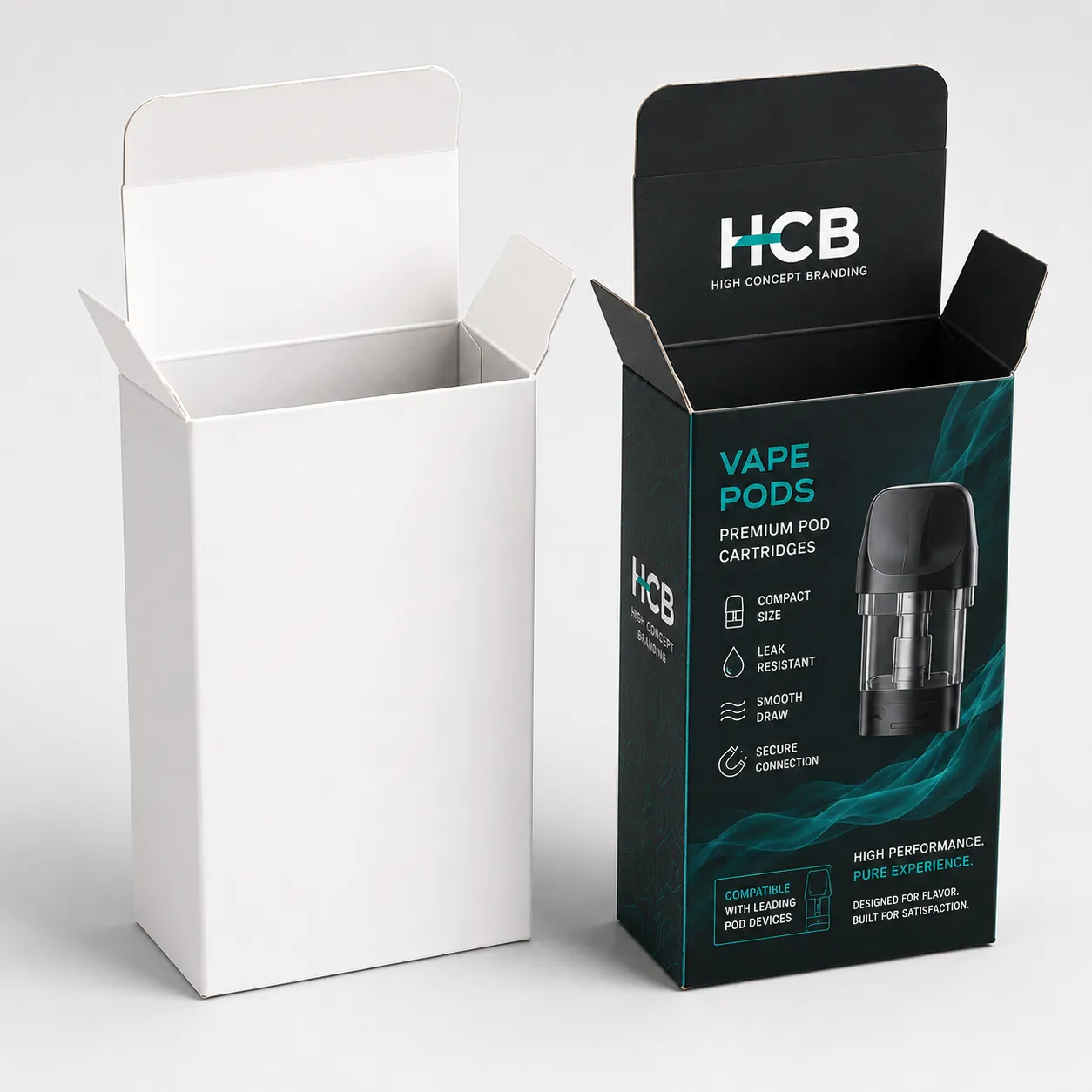 Open white cardboard box next to a custom printed black vape pod cartridges packaging.
